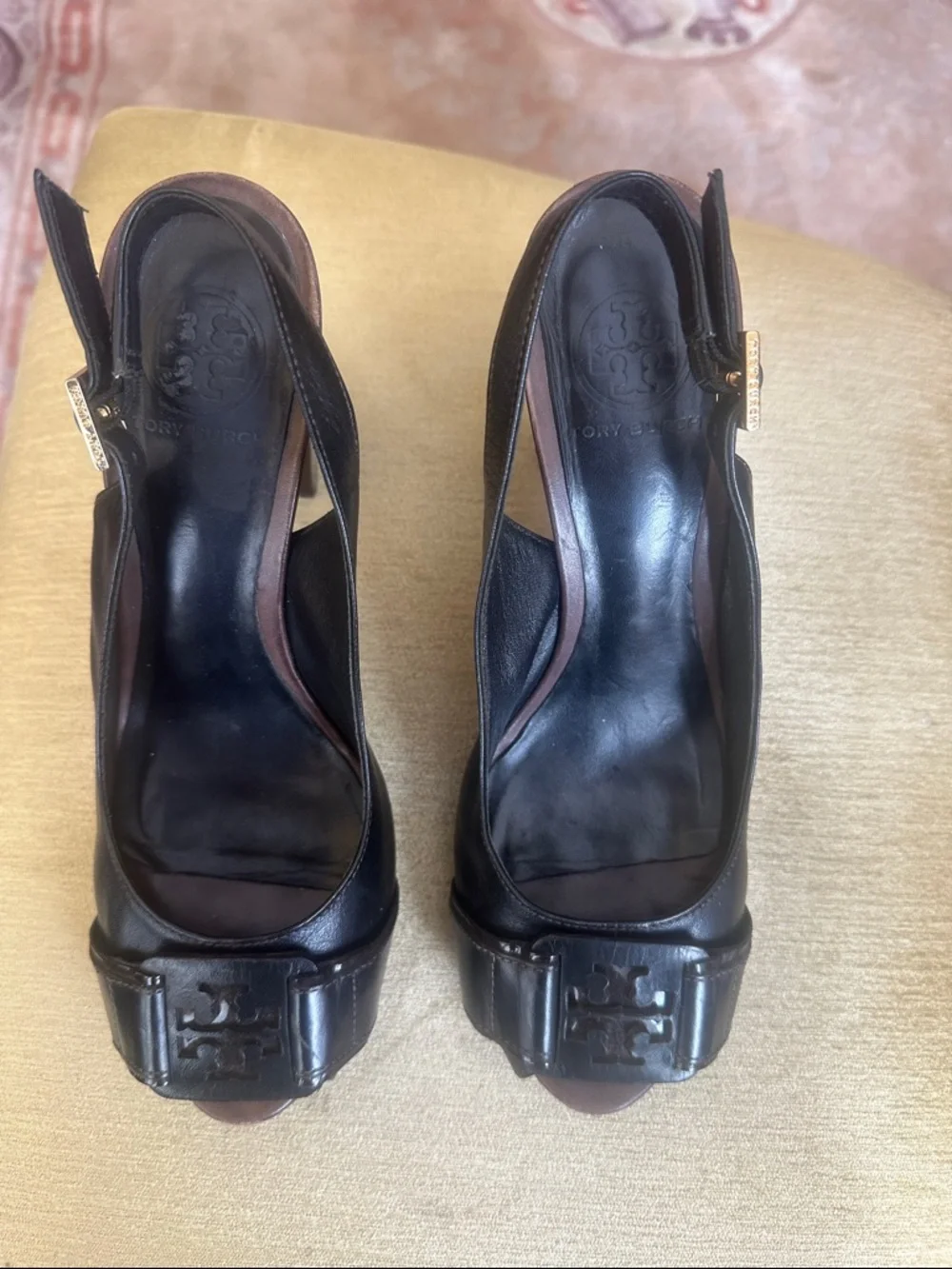 Tory Burch Black Leather Slingback Peep-Toe Heels with Buckle Detail Size 8.5